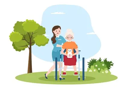 A caregiver assisting an elderly woman using a walker in a park, outdoor senior care.
